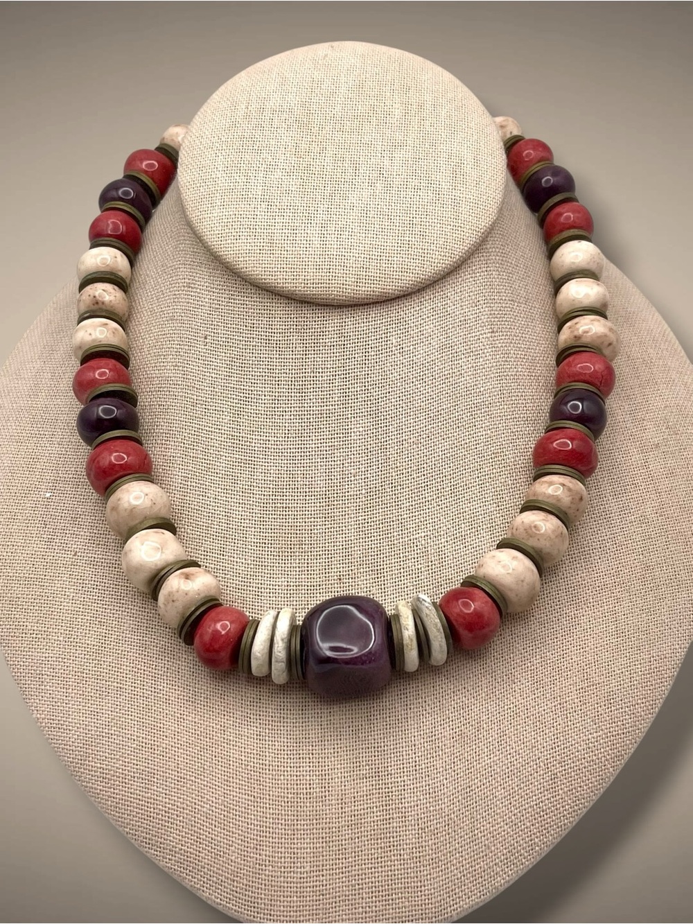Vintage Substantial Chunky Beaded Necklace Brown Cream Rust Stone Boho Choker